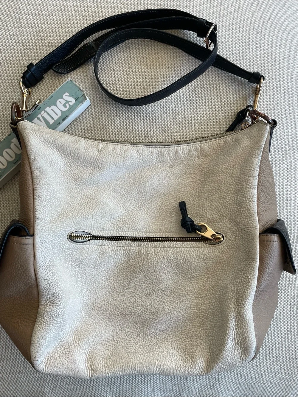 Coach Pennie Pebbled Leather Crossbody Shoulder Bag in Cream and Brown